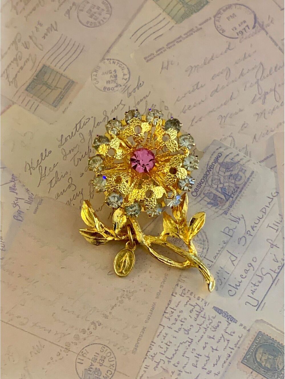 Vintage Rhinestone Flower & Miraculous Medal Dangle Brooch
